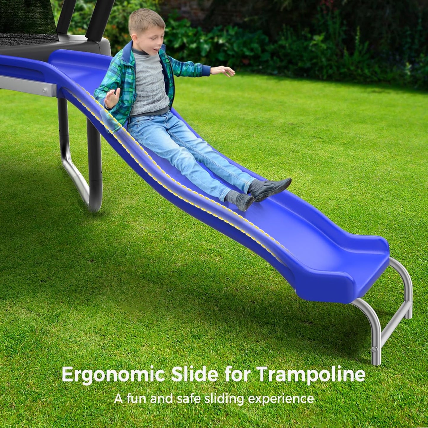 Heavy Duty Plastic Trampoline Slide with Support Frame for 8-16FT, Outdoor Plastic Slide for Trampoline, Adjustable Safer Trampoline Ladder for Kids 6+, 220 LBs Capacity, Blue