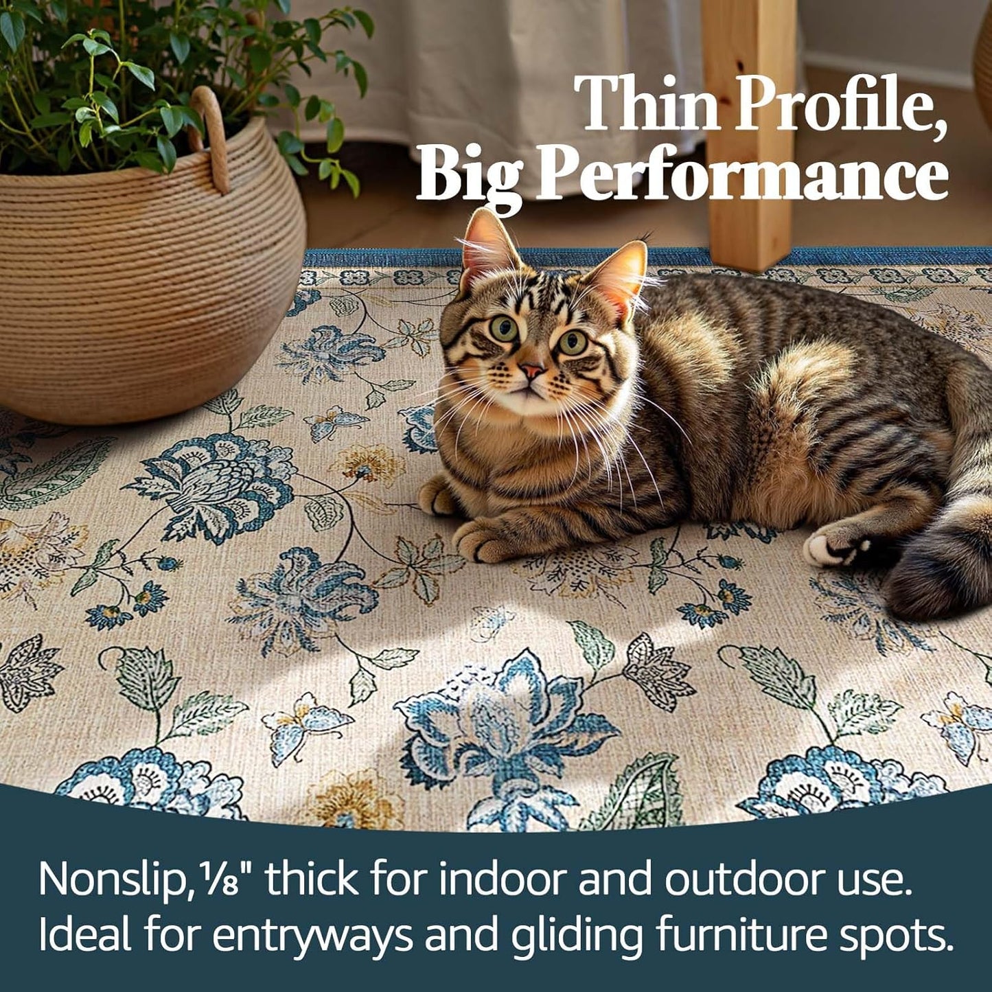 jinchan Floral Corner Rug for Living Room Washable Bedroom Rug Vintage Romance Design Non Slip Quarter Circle Lightweight Low-Pile Throw Carpet for Reading Nook Playroom,7ft Radius, Blue/Beige