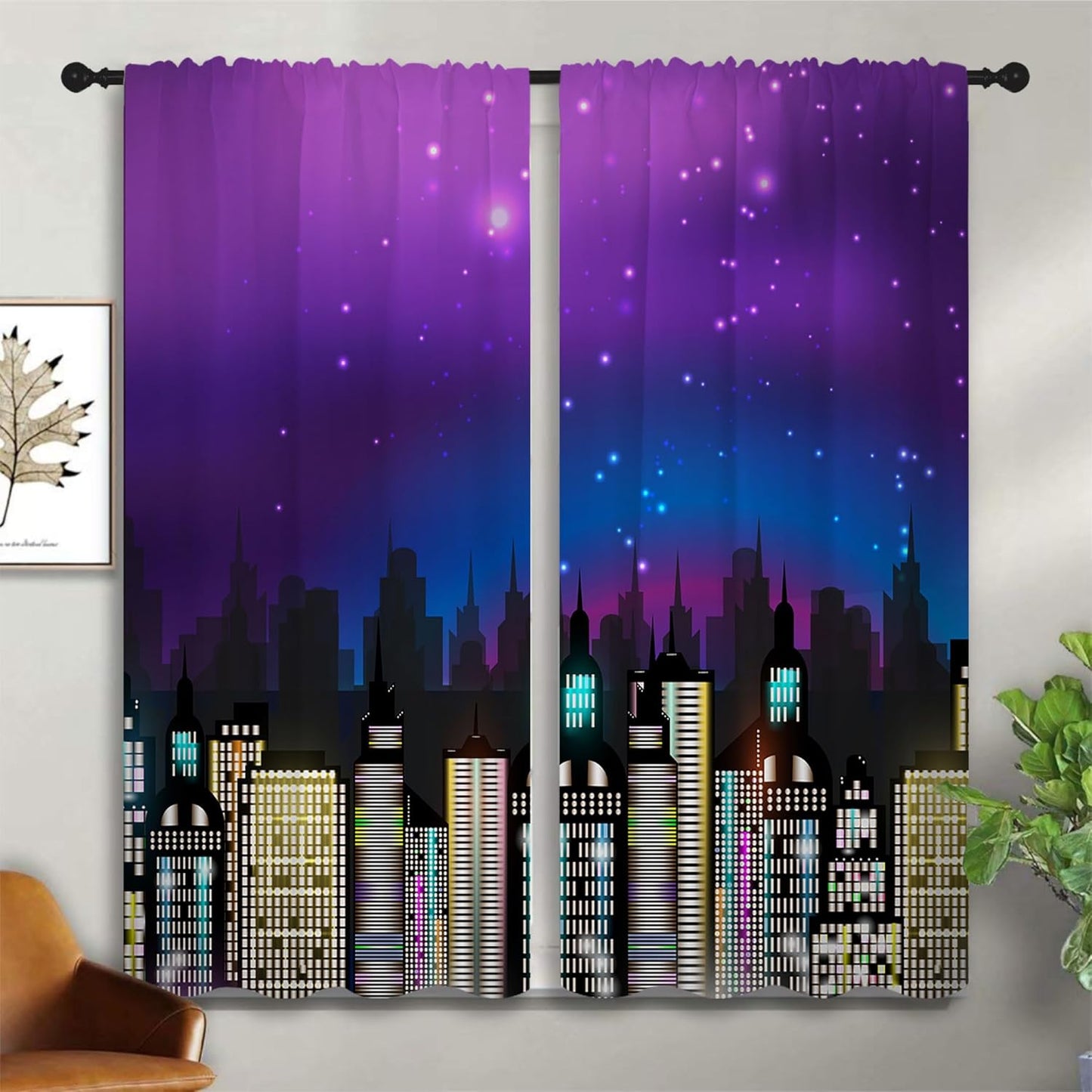 Superhero Rod Pocket Blackout Curtains for Boy Girl Bedroom, Super City Skyline Buildings Night Panorama Thermal Insulated Home Window Drapes for Living Room Darkening, 42x45 inch