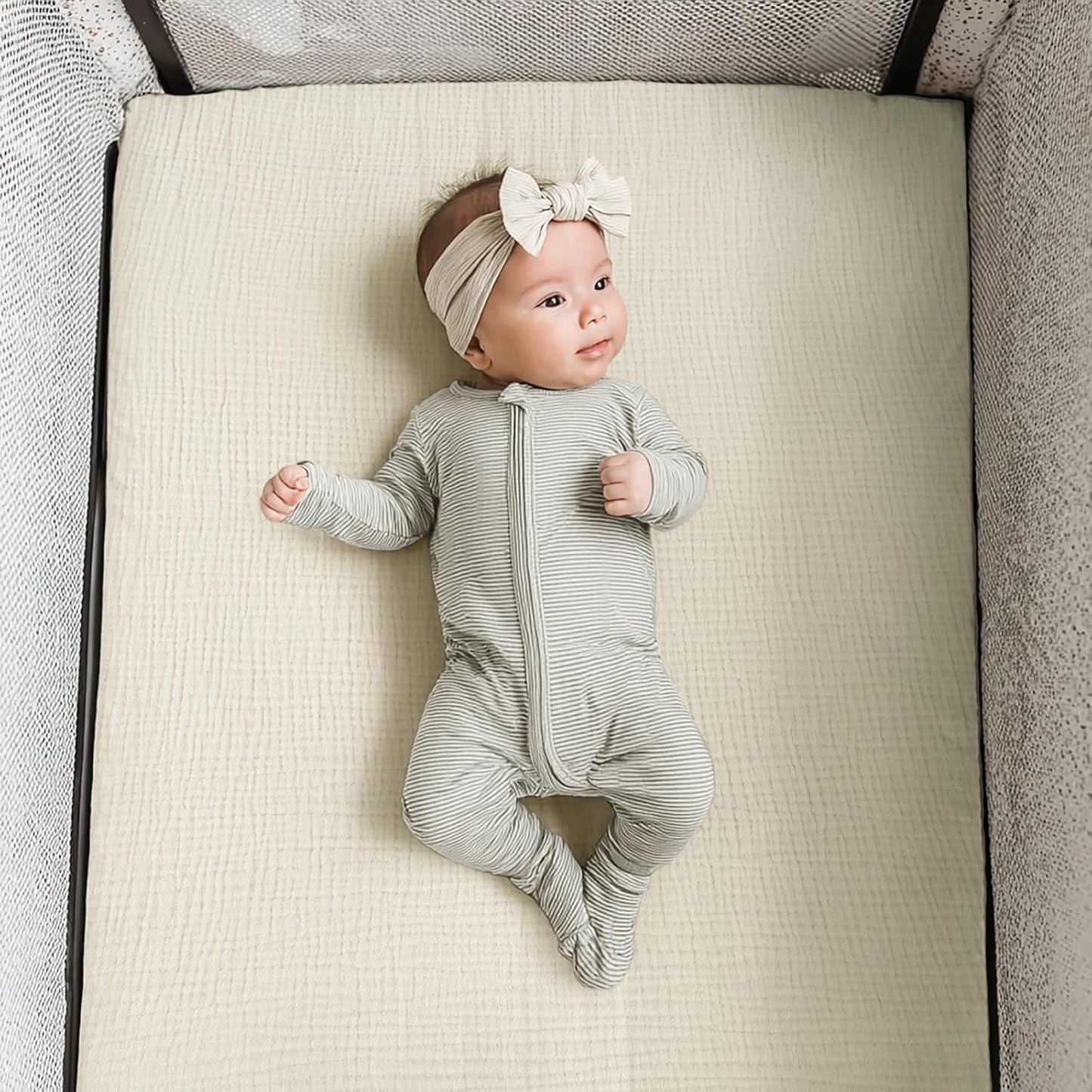 lulumoon Baby Muslin Crib Sheets - Toddler Cotton Fitted Crib Sheets Neutral for Boys and Girls 2Pack (White & Cream, for Baby Trend Pack N Play)