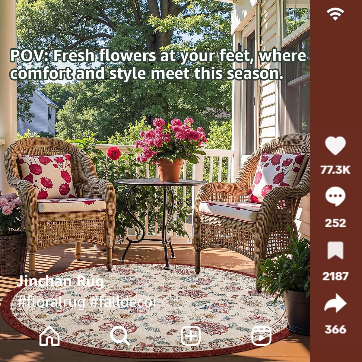 jinchan 8ft Floral Round Rug for Dining Room Washable Living Room Rug Vintage Romance Design Non Slip Indoor Floor Cover Lightweight Low-Profile Throw Carpet for Bedroom Porch Patio, Red/Beige