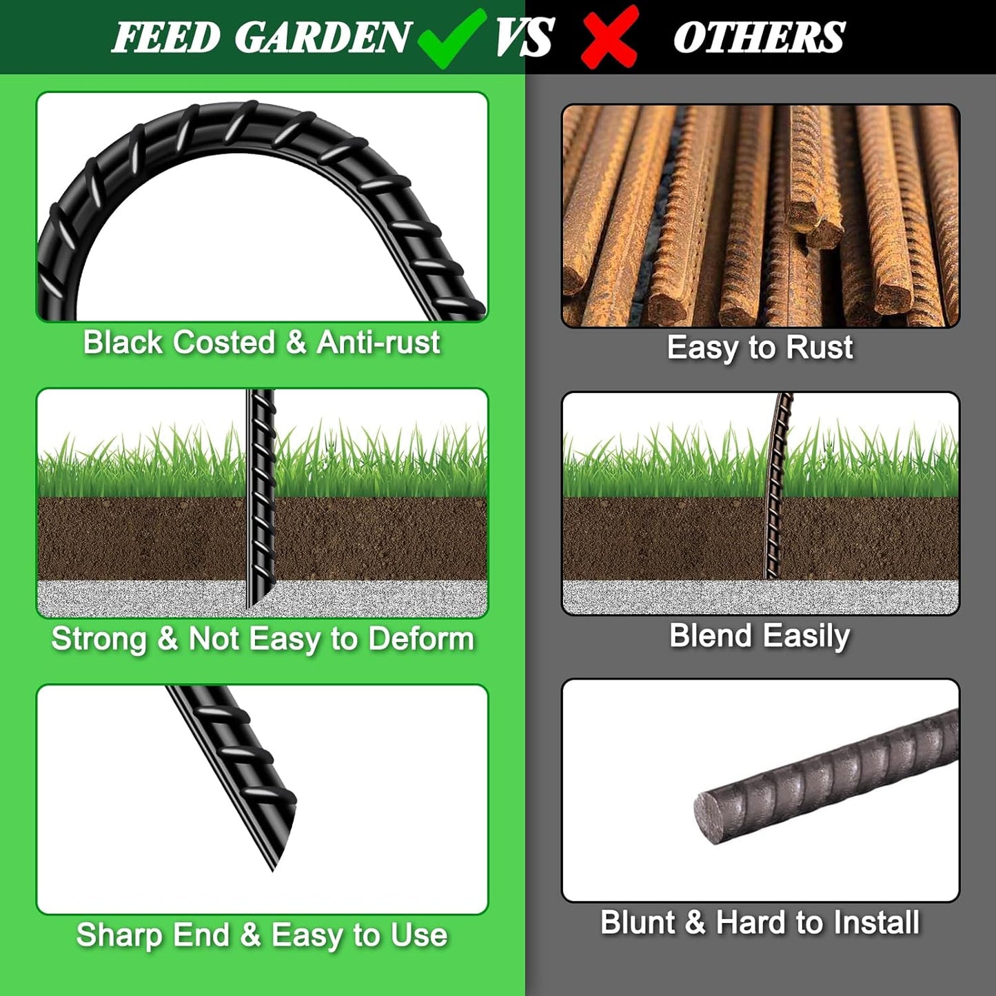 FEED GARDEN 16 Inch 16 Pack Rebar Stakes Heavy Duty J Hook, Galvanized Steel Ground Stakes Tent Stakes Ground Anchors, Chain Link Fence Stakes, Trampoline Stakes, Black