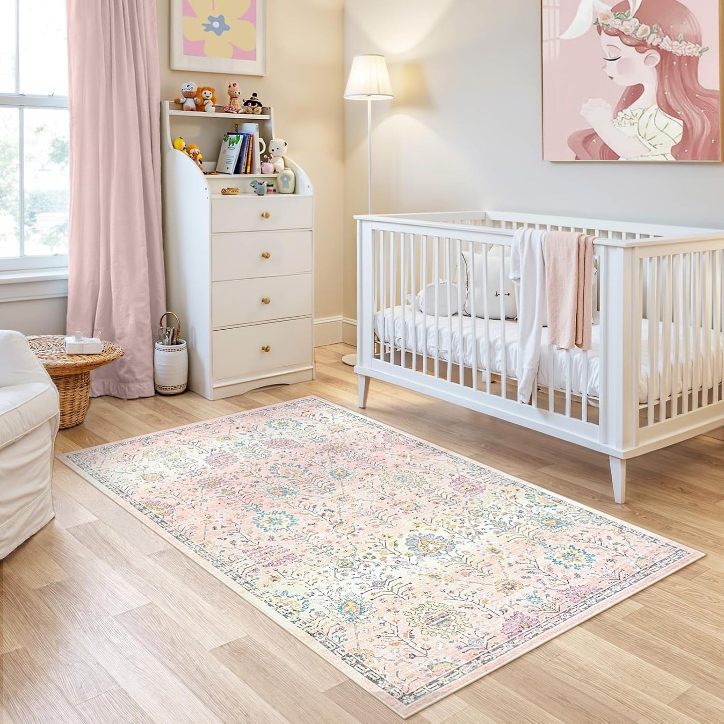 Lahome Light Pink Boho Rug, 3x5 Machine Washable Area Rugs for Dorm Girls, Soft Floral Small Nursery Pastel Mat, Pink Carpet for Bedroom Kids Room