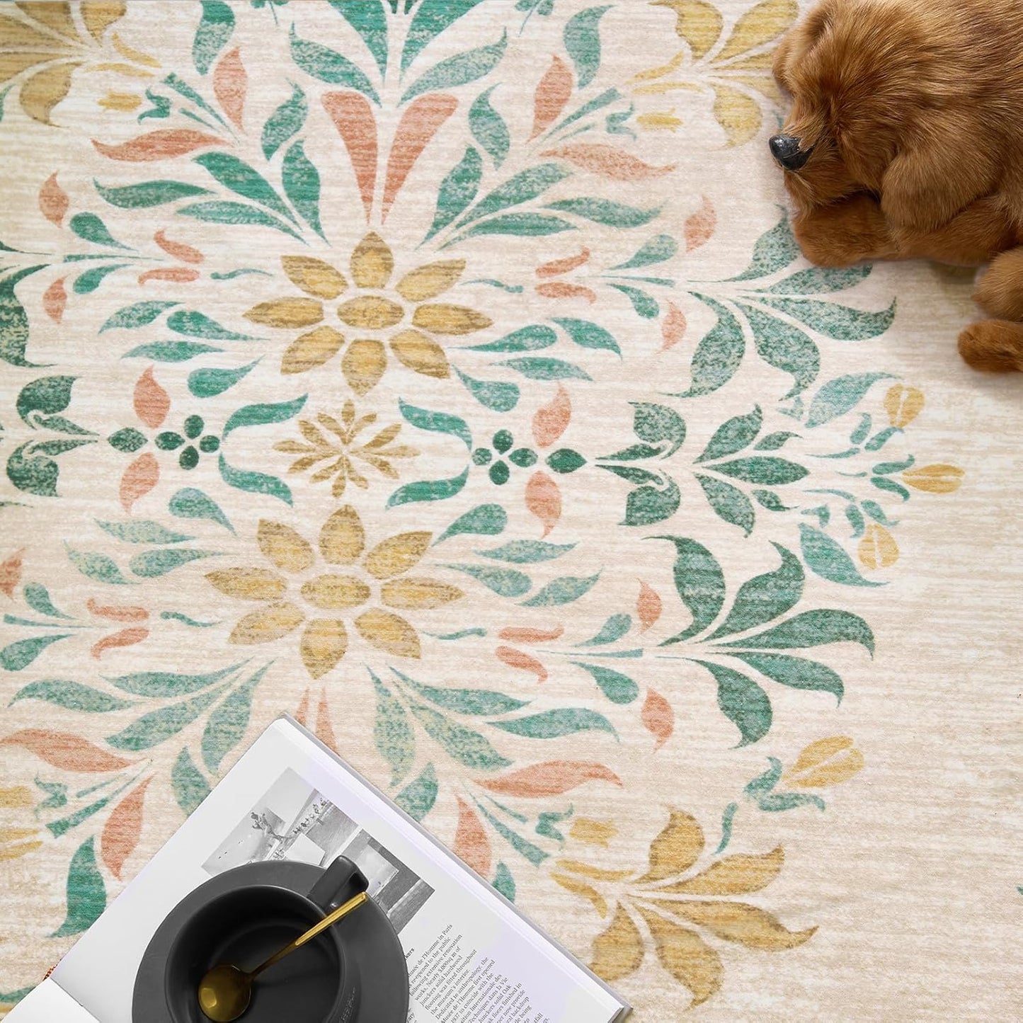 jinchan Round Rug 8ft Area Rugs,Vintage Floral Distressed Design Machine Washable Soft Non-Slip Low-Pile Ultra-Thin Circle Rug for Living Room Dining Room Bedroom Home Office (8' Round,Apricot Multi)