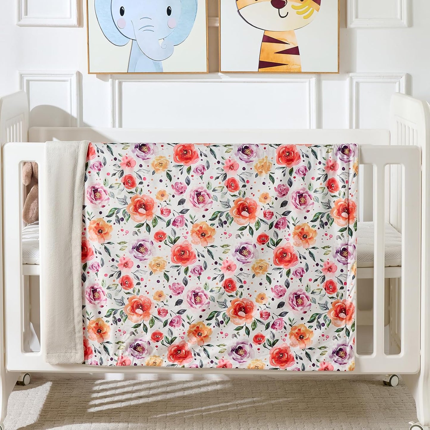 Baby Blanket 30x40 Inches Soft Double Layer Fleece Blanket with Beautiful Flower Print Gender Neutral Crib Blanket for Infant, Toddler, Newborn Baby Girl or Boy Shower Gift