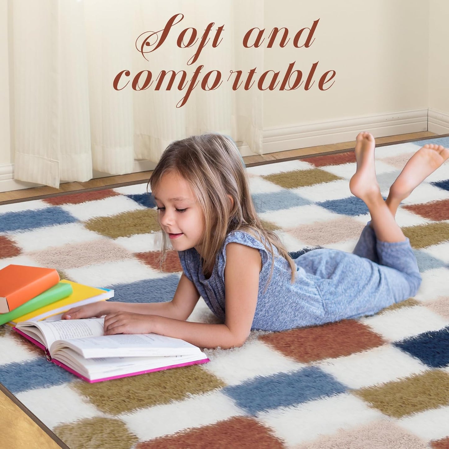 Super Soft Rug for Bedroom, 5x7 Ft Rainbow Area Rug Classic Checkered Shaggy Rug Anti-Skid High Pile Soft Fluffy Fuzzy Carpet for Living Room Bedroom Kids Room Nursery, Dorm Home Decor