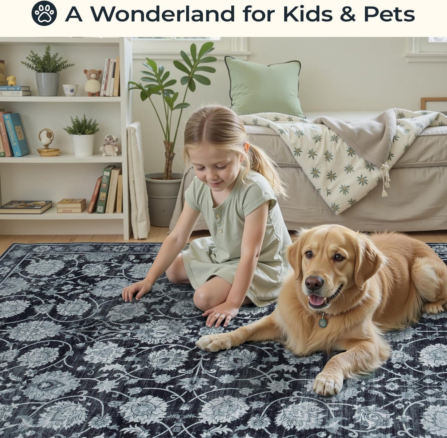 Area Rug 5x7 for Living Room & Bedroom, Large Washable Rugs, Soft & Non Slip, Vintage Carpet, Low Pile Wool Carpets for Indoor Under Table Dining Home Office Nursery Playroom, Black