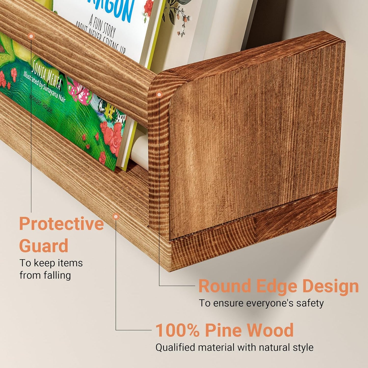 Heimlove Nursery Floating Shelves - 32 inch Solid Wood Wall Mounted Book Shelves for Kids, Set of 3