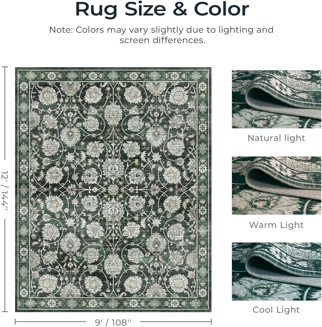 Floral 9x12 Area Rugs for Living Room, Washable Large Rug, Vintage Soft Carpet, Non Slip & Low Pile, Wool Carpets for Indoor Bedroom Dining Home Playroom Office Under Table, Dark Green