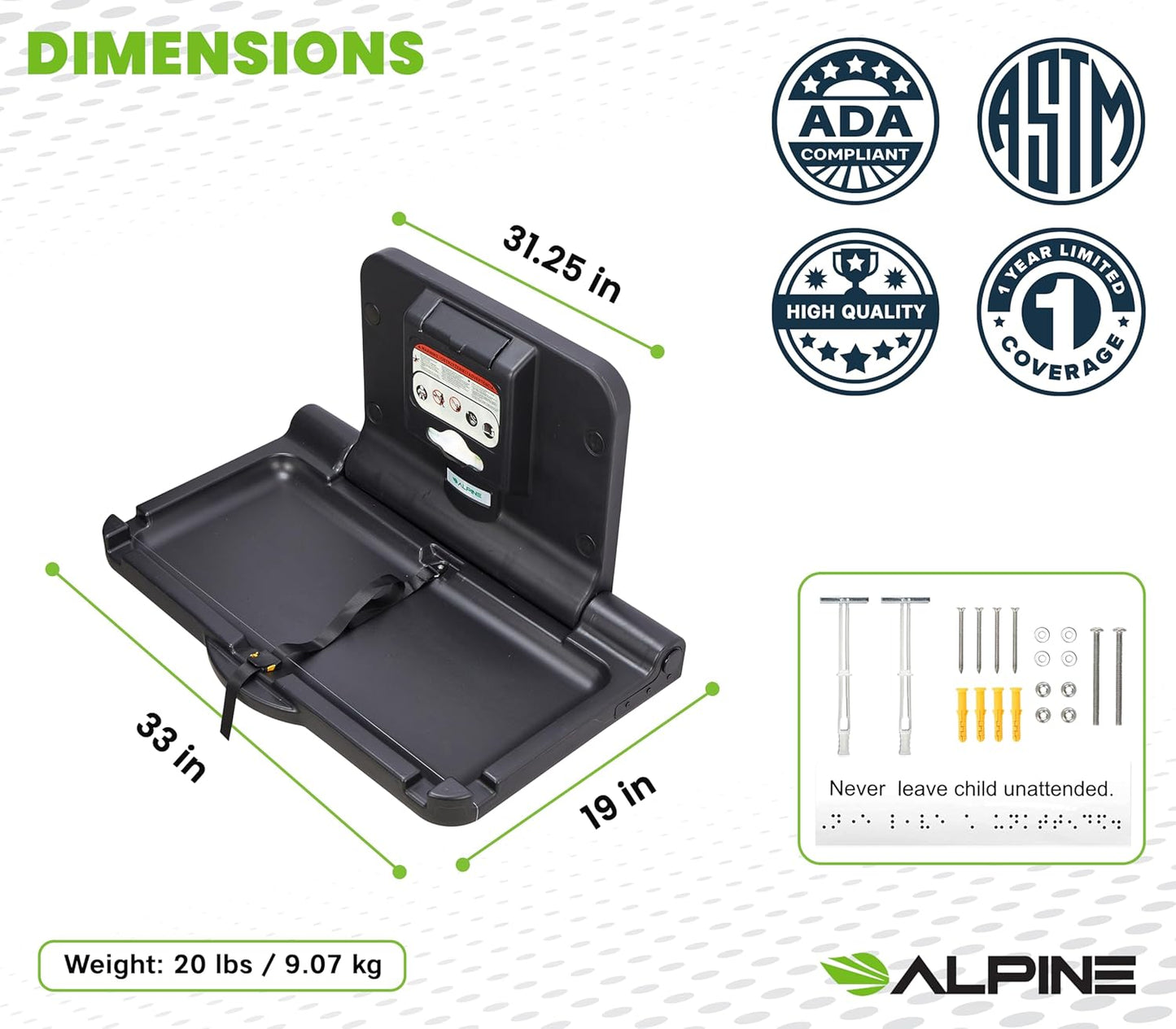 Alpine Wall Mounted Baby Changing Station - Horizontal Baby Changing Table Foldable Diaper Tables with Safety Strap for Commercial Bathroom, ADA Complaint (Hardware Included) Black