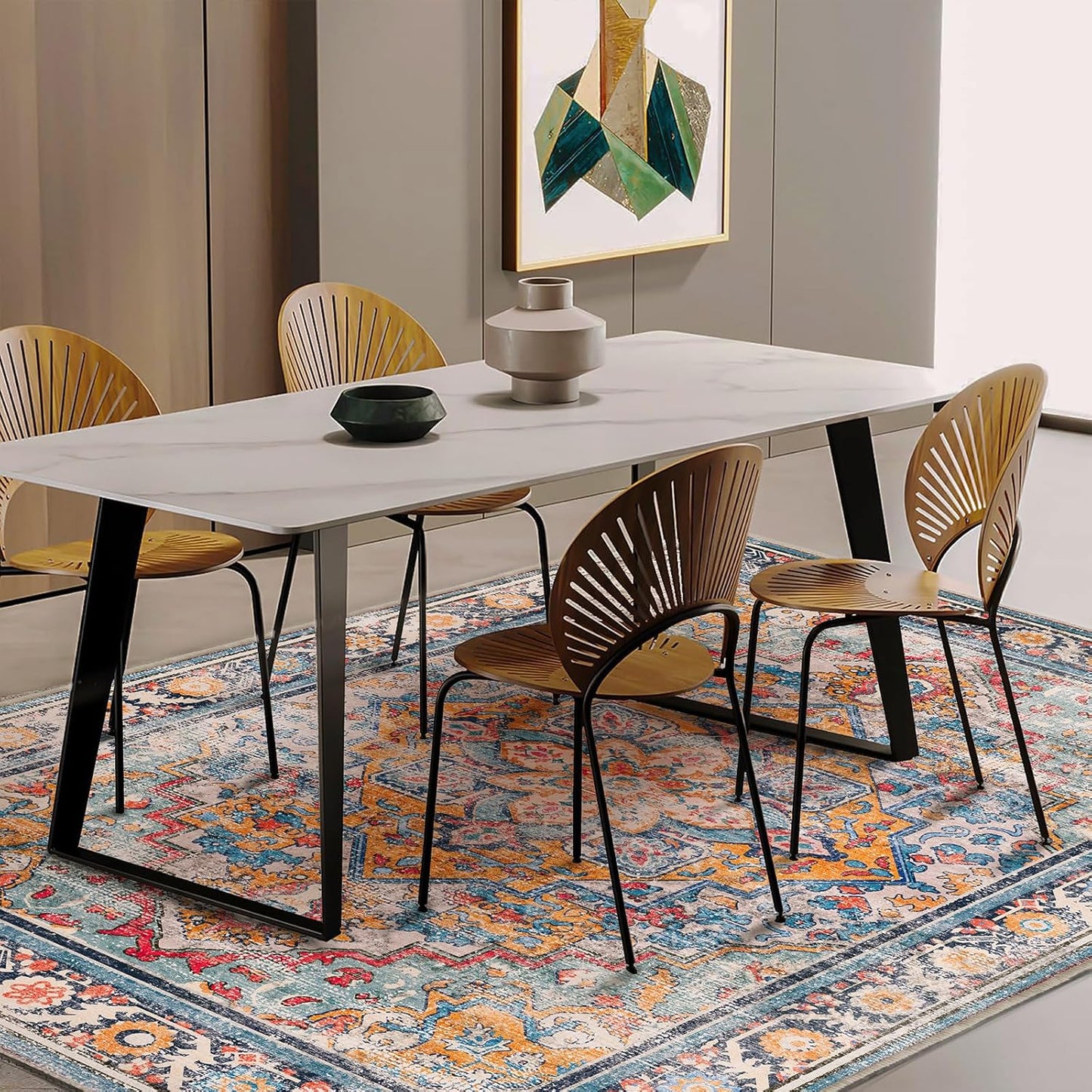 Washable Area Rug 5'x7' Retro Boho Chic Medallion Distressed Design Living Room Indoor Non-Slip Large Oriental Accent Throw Rug for Kitchen Bedroom Office Carpet