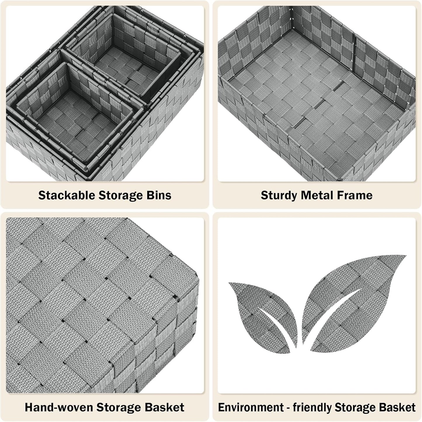 Woven Storage Baskets, Storage Bins, Cube Basket Container Baskets Storage Boxes Organizers for Clothes /Shelves/ Closet, Set of 6 (Grey)