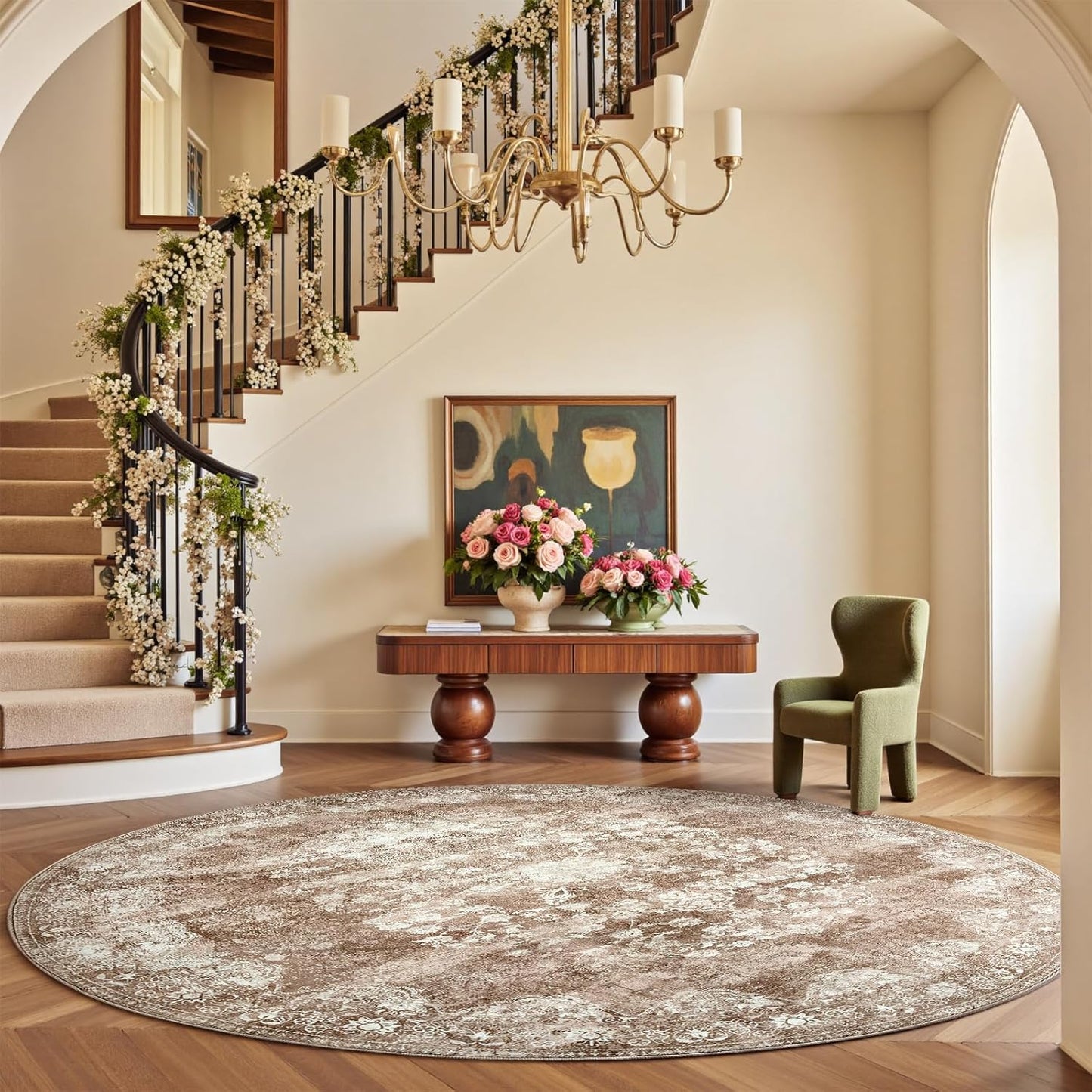 jinchan Round Rug 7ft Area Rug - Brown Vintage Floor Mat Kitchen Indoor - Washable Circle 7' Thin Floral Print Carpet Retro Farmhouse Non Slip Dining Room Living Room Bedroom Office