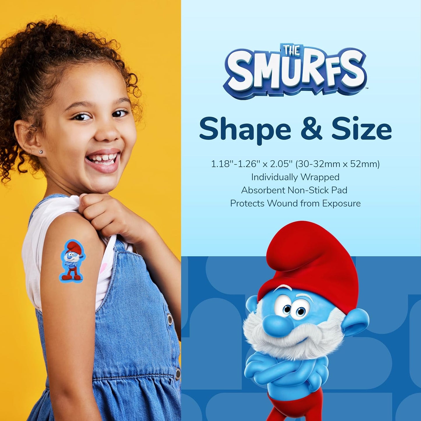 BioSwiss Bandages, The Smurfs in 3D Shaped Self Adhesive Bandage, Latex Free Sterile Wound Care, Fun First Aid Kit Supplies for Kids and Adults, 50 Count Plastic Case