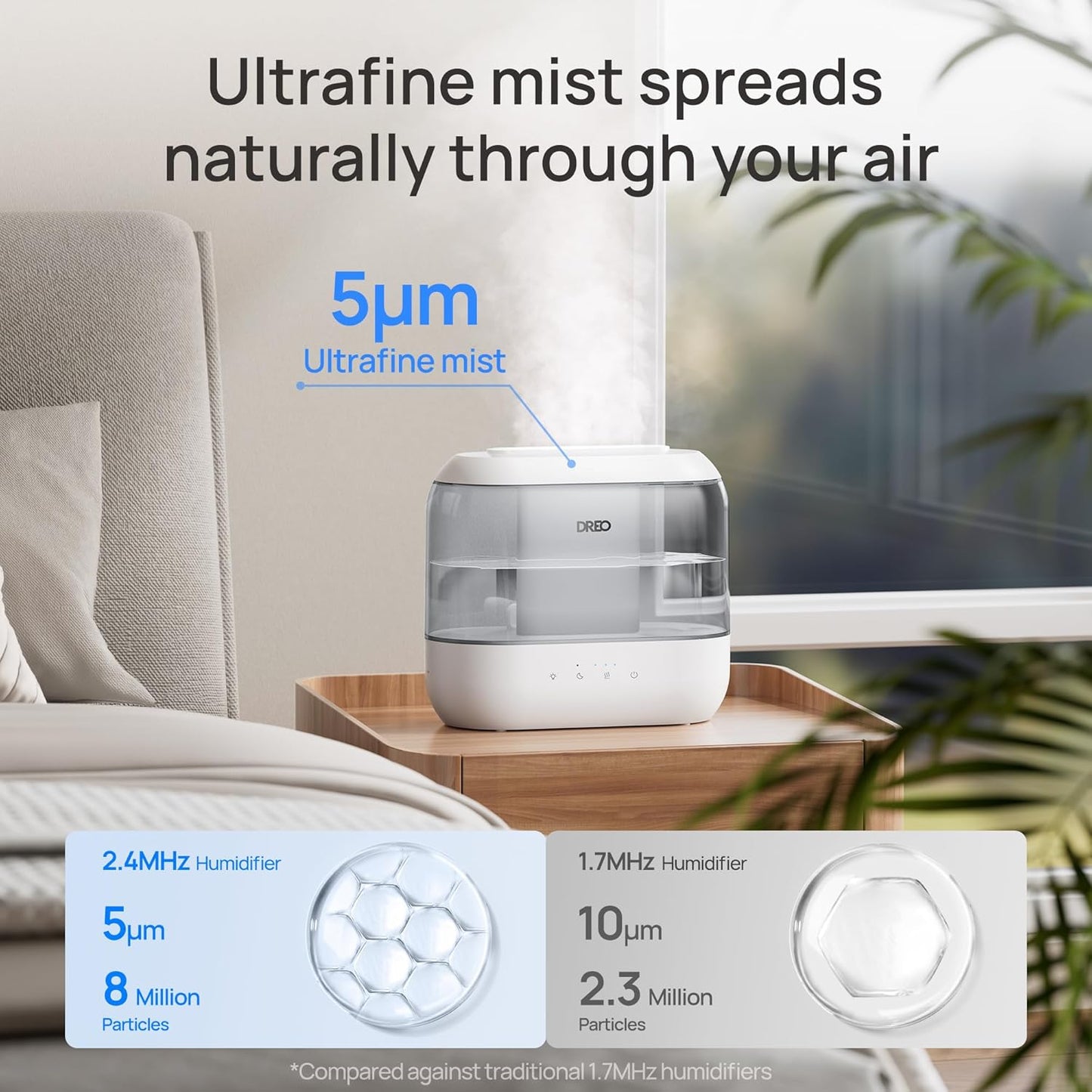 Dreo Top Fill 4L Humidifiers for Bedroom, 36H Runtime, 28 dB Quiet Cool Mist Supersized Air Humidifier for Large Room, Plants, Baby Nursery, Indoor, Night Light, Easy to Clean & Fill, Gray
