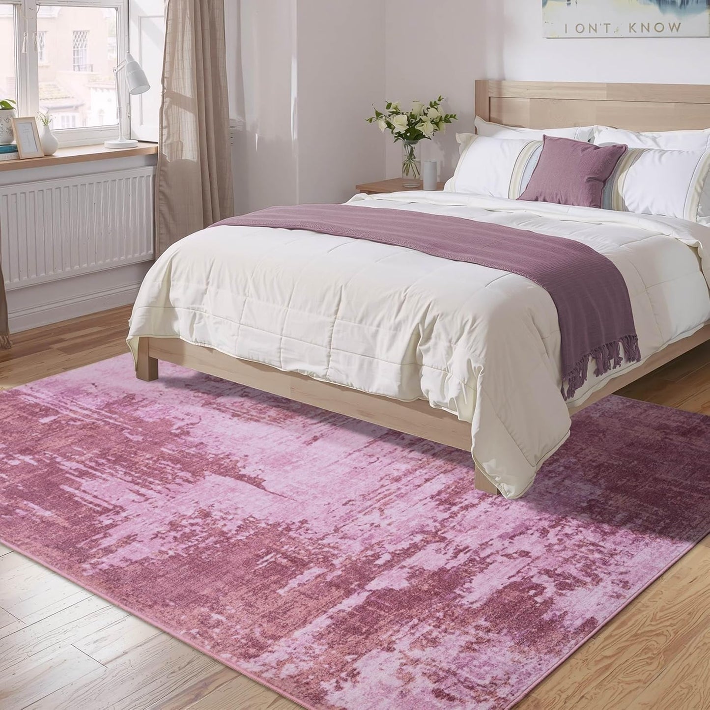 Nursery Rug for Baby Girl, 5x7 Hot Pink Washable Rugs for Living Room Bedroom Non Slip, Stain Resistant Neutral Carpet Low Pile for Classroom, Dining Room, Kids Playroom, Office