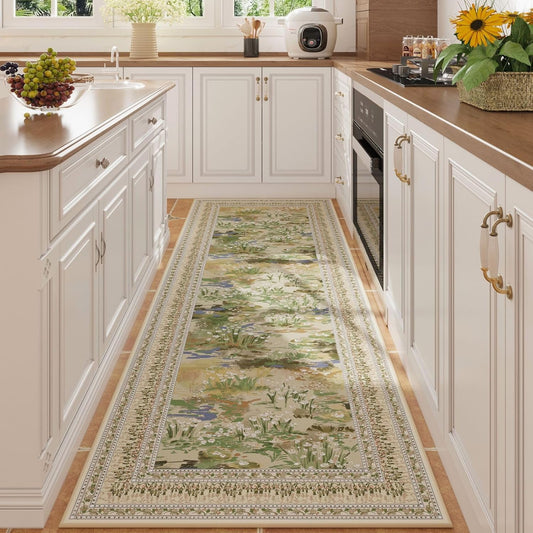 Runner Rug Impressionist-Style Vintage Kitchen Rugs Non Slip Washable Soft Carpet Runner for Kitchen Laundry Bedroom Bathroom, Beige