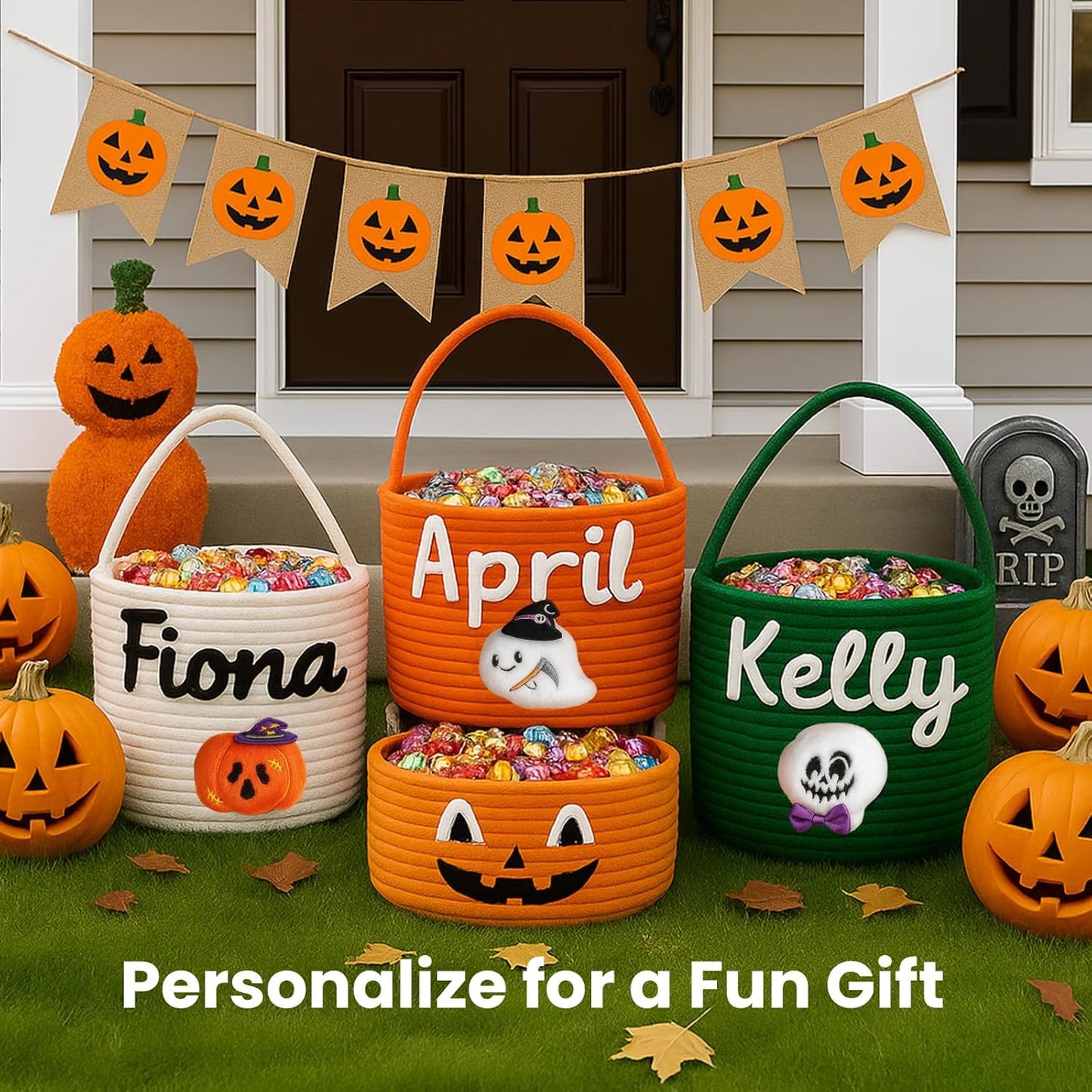 Personalized Halloween Trick or Treat Basket with Name – Custom Woven Candy Bag, Pumpkin or Ghost Bucket for Kids, Boys & Girls