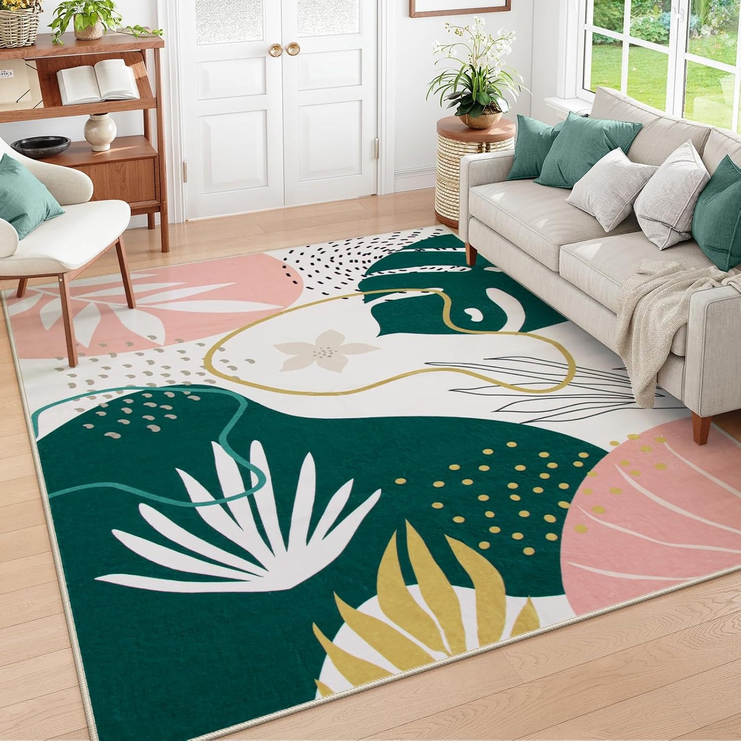 Lahome Washable Rug 5x7 - Rugs for Living Room 5x7 Non-Slip Ultra-Thin Carpet for Bedroom Cute Soft Kids Nursery Rug, Boho Botanical Print Indoor Floor Rug for Entryway Office (5'x7',Green/Pink)