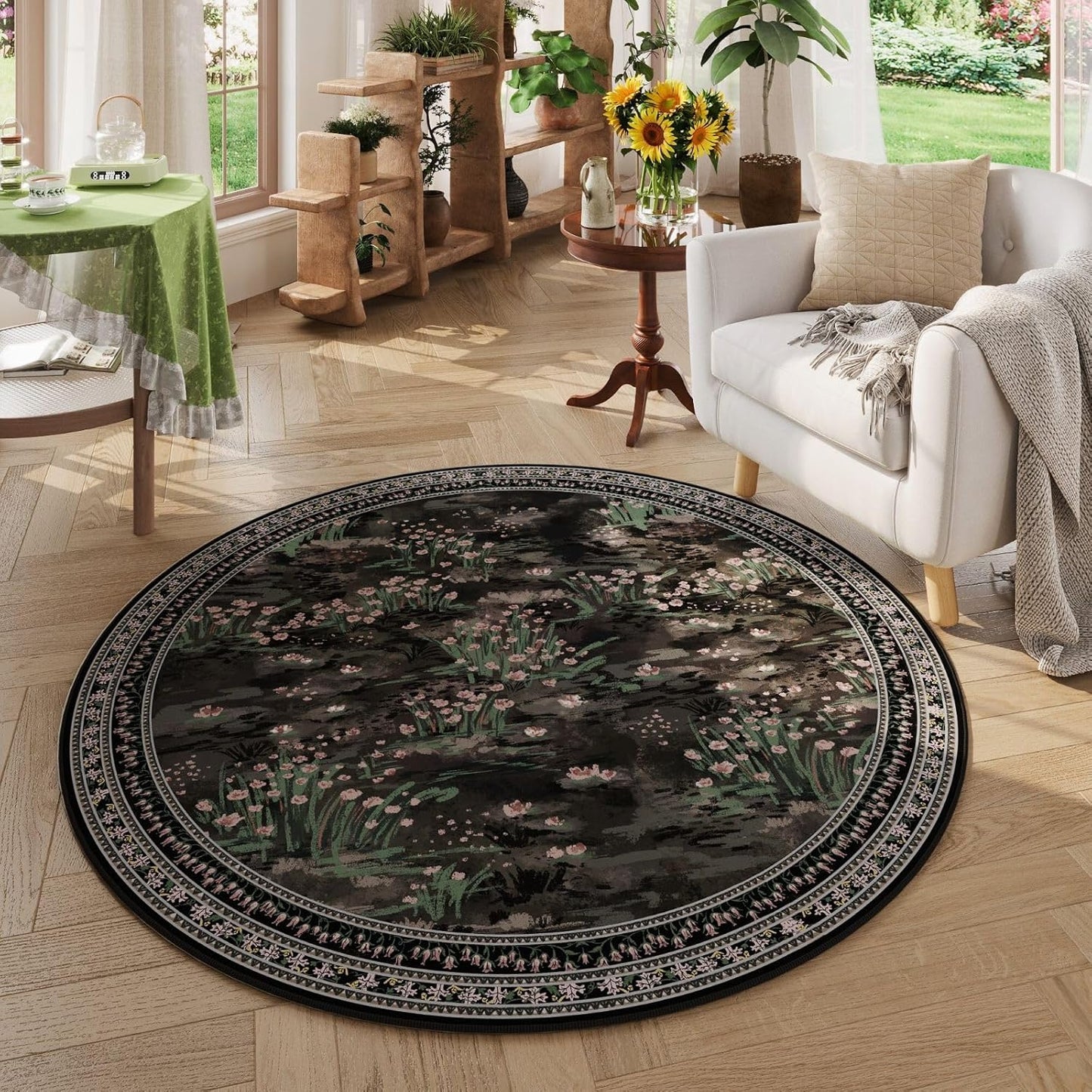Circle Rug Impressionist-Style Vintage Round Rug 4ft Non Slip Low Pile Small Circular Rug for Bedroom Bathroom Entryway Kids Room Office College Dorm, Black