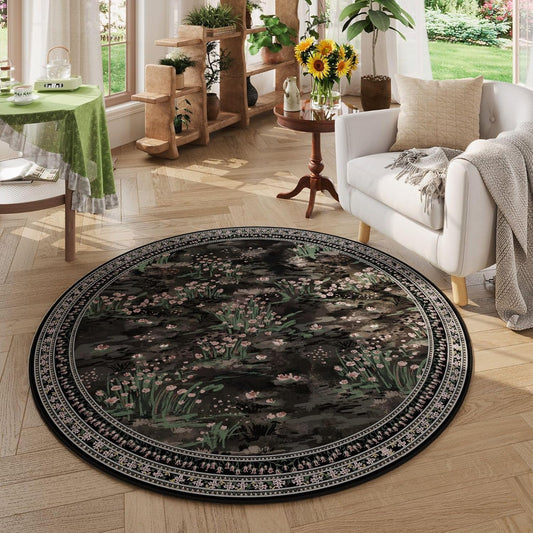 Circle Rug Impressionist-Style Vintage Round Rug 4ft Non Slip Low Pile Small Circular Rug for Bedroom Bathroom Entryway Kids Room Office College Dorm, Black
