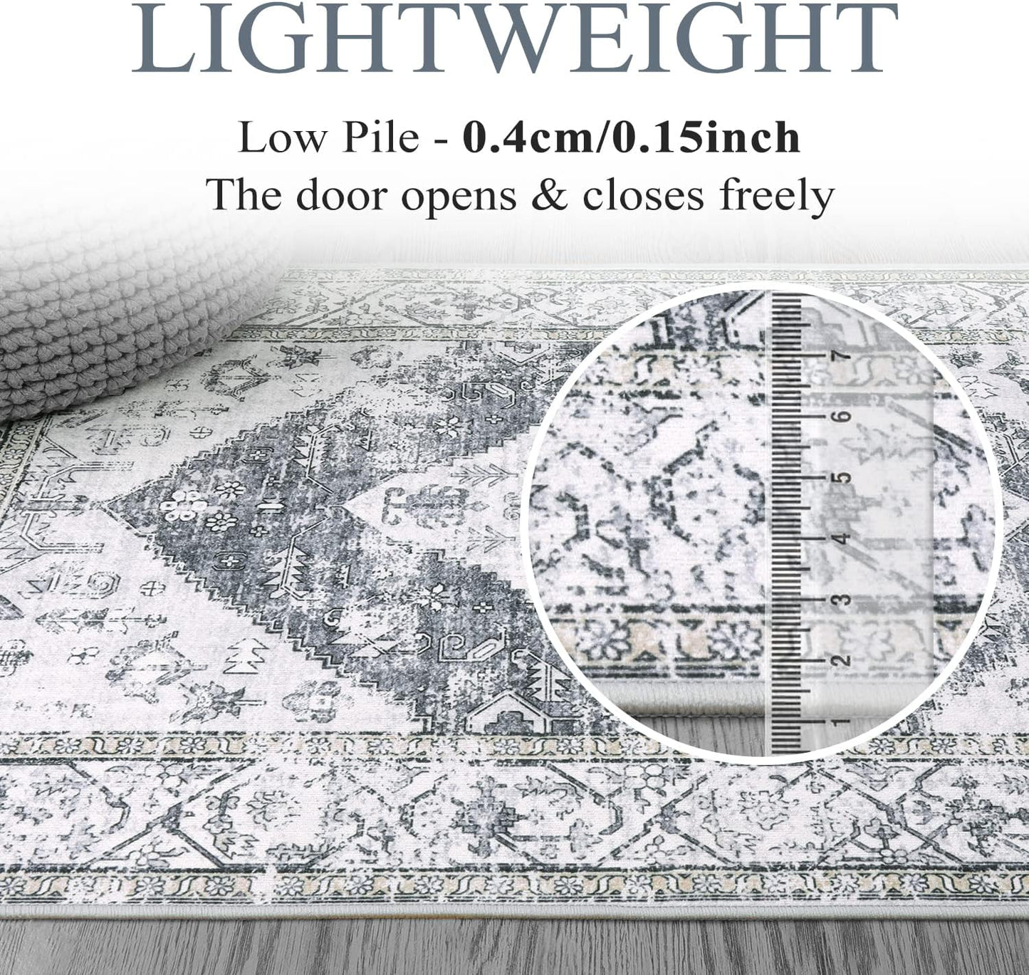 Lahome Boho Hallway Runner Rug 2x6, Washable Untra-Thin Non-Slip Kitchen Runner, Oriental Distressed Print Rug for Entryway Bathroom Laundry Room Bedroom, Grey