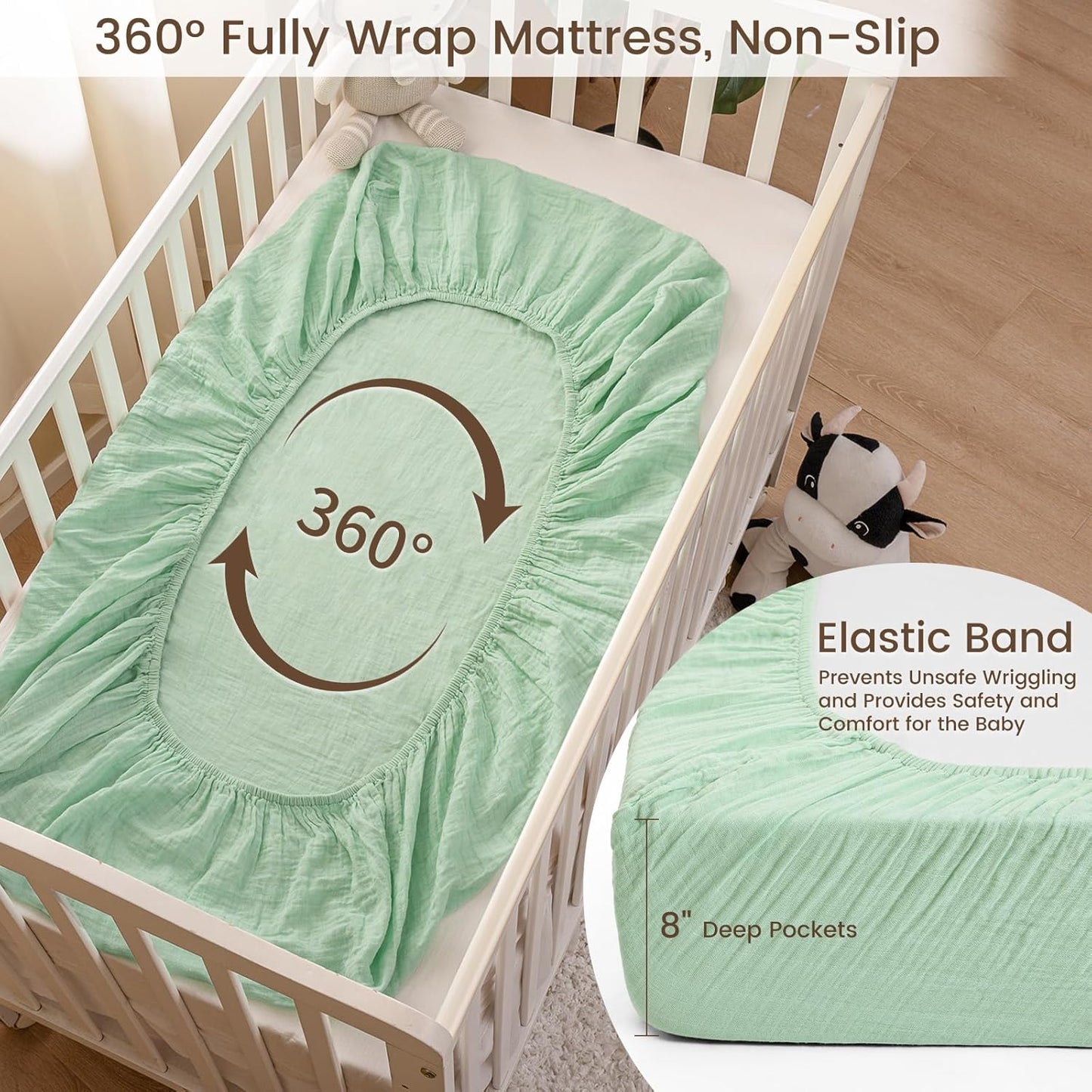 david's kids Muslin Crib Sheets for Boys Girls, 2 Pack 100% Cotton Soft Breathable Fitted Baby Sheet Set, 28x52 Inch Fits Standard Crib and Toddler Mattresses, Beige & Green