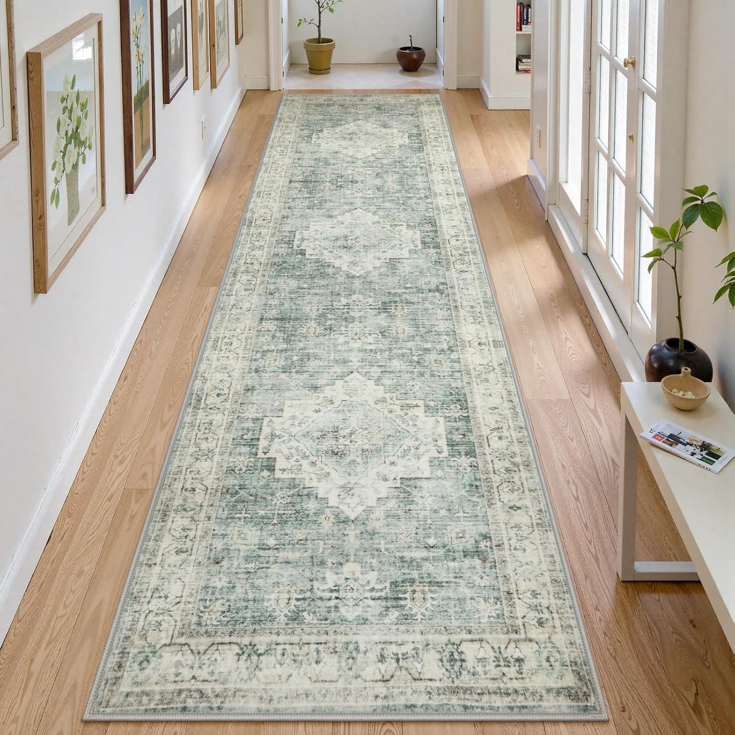 LIVEBOX Washable 2.5x10 Runner Rugs for Entryway Bathroom, Boho Kitchen Floor Mat Long Rug Runners for Hallways Non Slip, Farmhouse Low-Pile Carpet Runners for Laundry Room, Sage Green