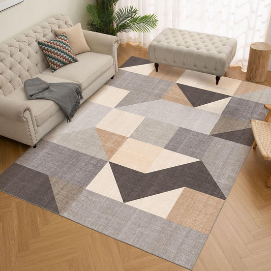 HOMFINE Washable Modern Area Rug - Geometric Style 6x9 Rugs for Living Room, Bedroom, Machine Washable Rug Soft Non Slip Non Shedding Area Rug - Grey Brown, 6'x9'