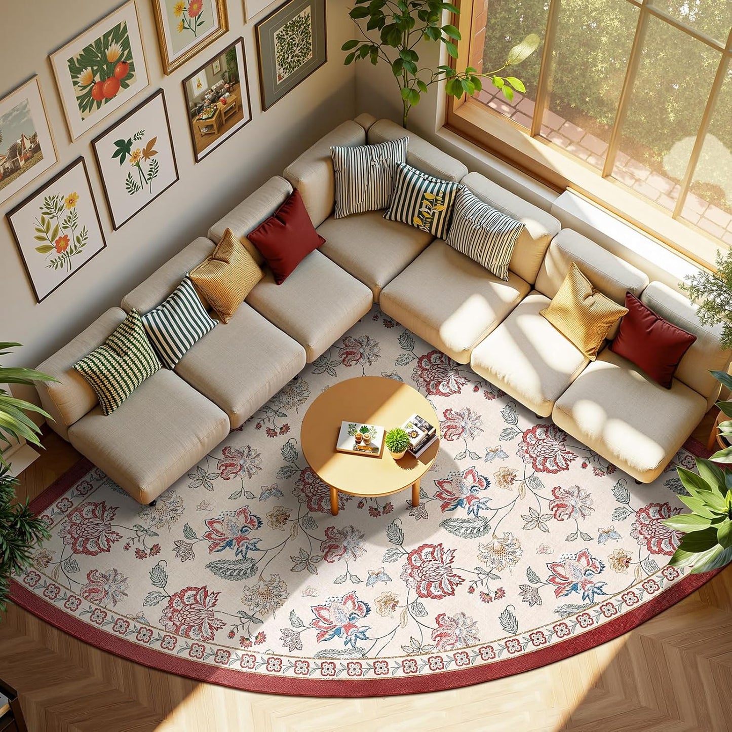jinchan Floral Corner Rug for Living Room Washable Bedroom Rug Vintage Romance Design Non Slip Quarter Circle Lightweight Low-Pile Throw Carpet for Reading Nook Playroom,8ft Radius, Red/Beige