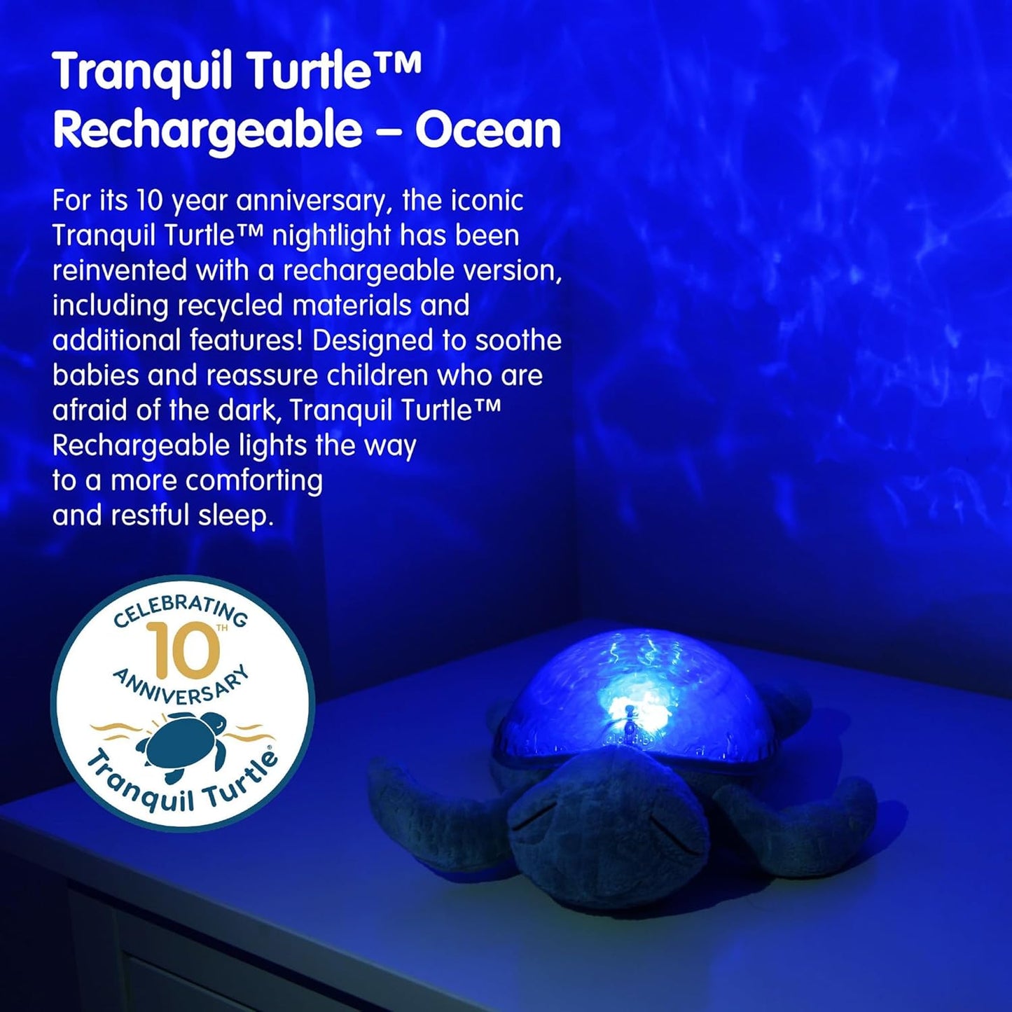 Cloud b Ocean Projector Nightlight with 2 White Noises & 2 Soothing Sounds | Adjustable Settings | Cry Sensor | Tranquil Turtle - Ocean (Rechargeable)