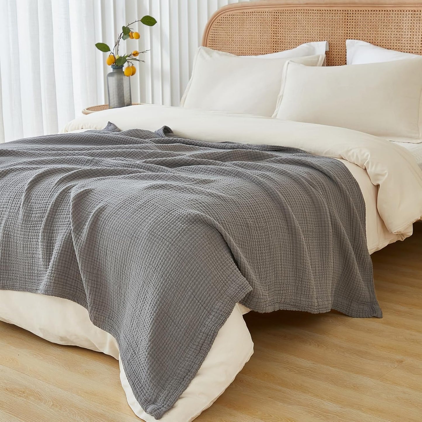 EMME Cotton Muslin Blanket King Size - Soft, Breathable Layering Blanket, 108"x90", All Season Gauze, Grey