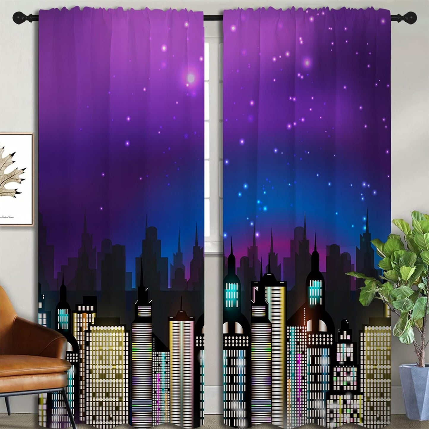 Superhero Rod Pocket Blackout Curtains for Boy Girl Bedroom, Super City Skyline Buildings Night Panorama Home Energy Efficient Light Filtering Window Curtain for Living Room, 84x63 inch