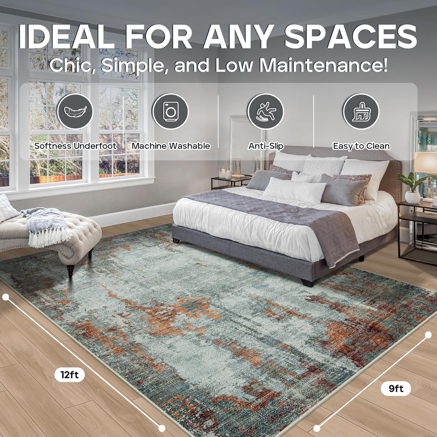 9x12 Area Rugs for Living Room Rug Washable: Modern Large Rug for Dining Room Bedroom Carpet Non Slip 9 by 12 Indoor Abstract Nursery Home Office Red Brown