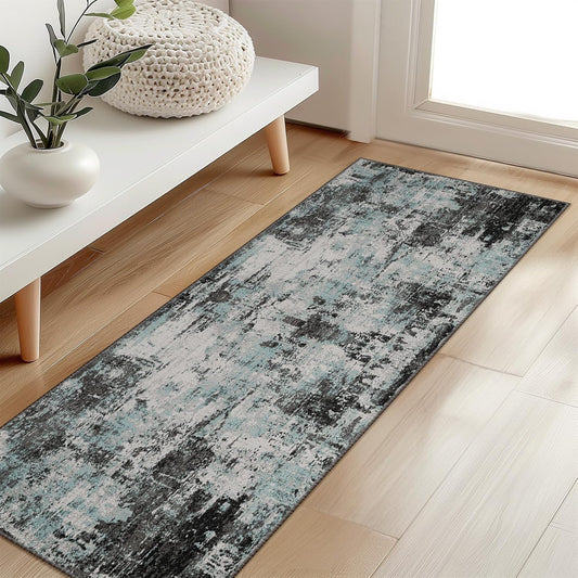 Washable Area Rugs 2'x6' Non-Slip Modern Abstract Soft for Living Room Entryway Bedroom Nursery, Print Pattern, Blue Black Teal