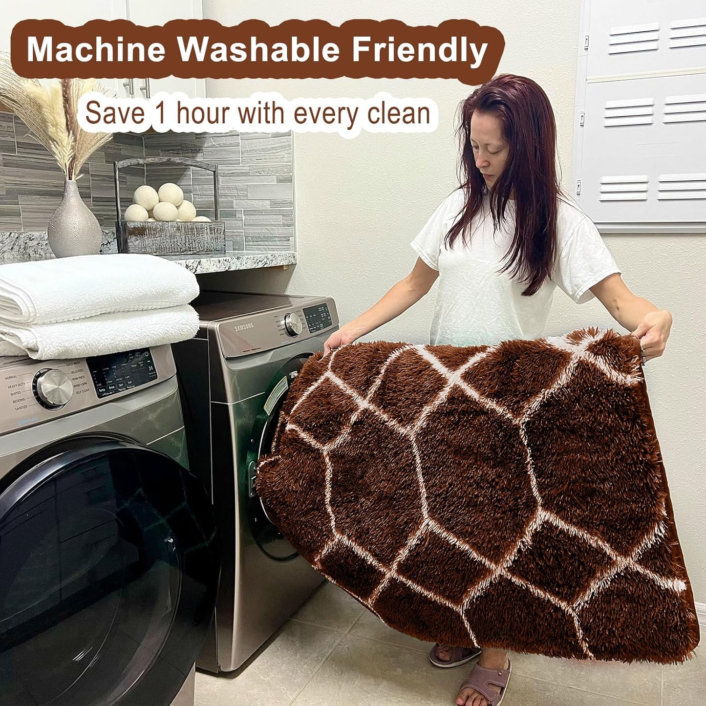 ONASAR 5x7 Area Rugs for Living Room Bedroom, Washable Fluffy Brown and White Throw Rug, Geometric Boho Soft Plush Shaggy Floor Bedside Carpet Mat for Nursery Kids Girls Boys Teen Dorm Home Decor