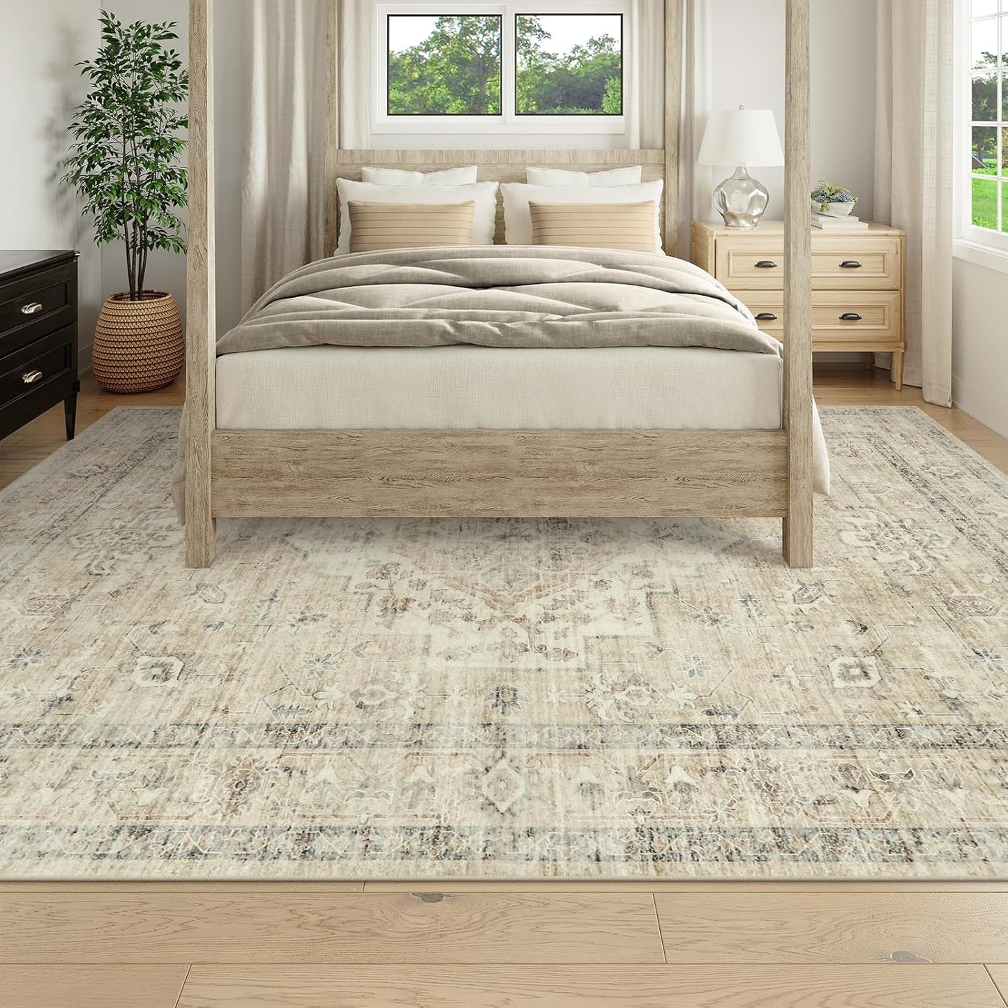 LIVEBOX Washable Area Rug 9x12 Rugs for Living Room Bedroom, Non-Slip Boho Neutral Carpet for Dining Room Office, Low-Pile Farmhouse Soft Carpets for Kids Nursery Room Playroom, Tan