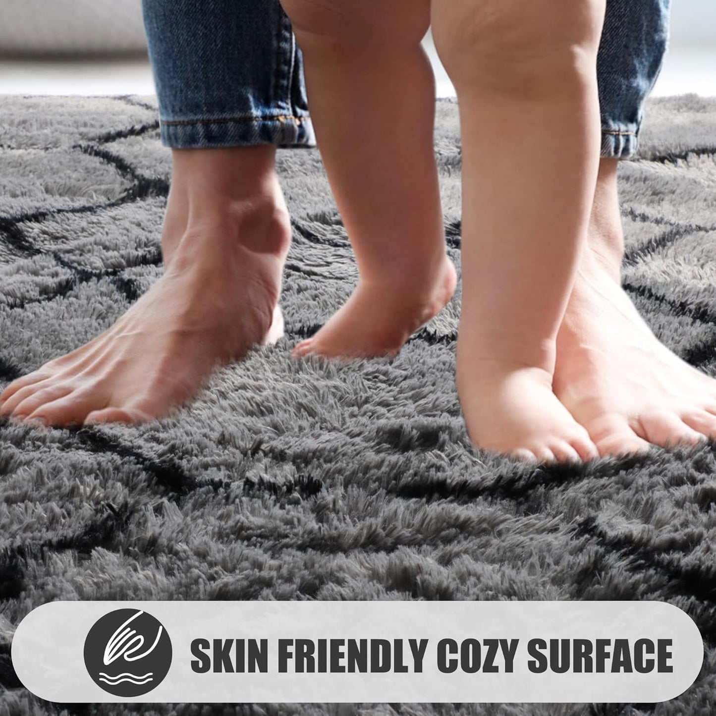 ONASAR Area Rugs for Bedroom Living Room, Washable 4x6 Fluffy Grey and Black Rug, Shaggy Geometric Floor Mat for Home Decor Aesthetic, Soft Plush Fuzzy Carpet for Nursery Kids Teen Dorm