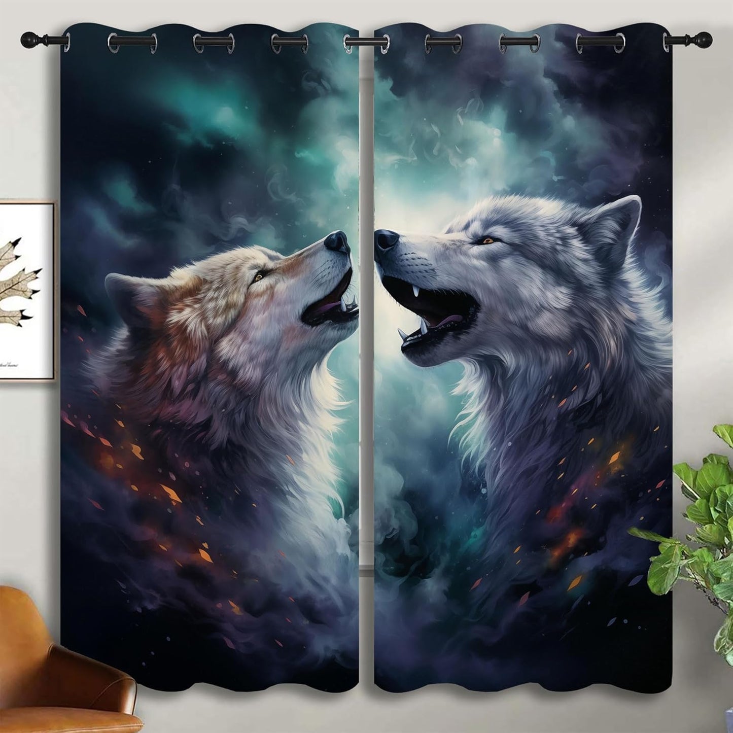 Forest Wildlife Blackout Curtains for Boys Girl Bedroom Decor,Blue Fantasy Starry Sky Howling Wolf Thermal Insulated Grommet Drapes Darkening Window Curtain for Living Room Home 55x63 inch
