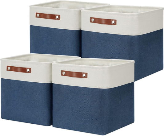DULLEMELO Foldable Storage Cubes 12 x 12 Organizer Bins,Canvas Storage Bins Empty Gift Baskets for Organizing with SturdyLeather Handles, Closet Baskets for Nursery Storage(4 Pack - 12" White&Blue)