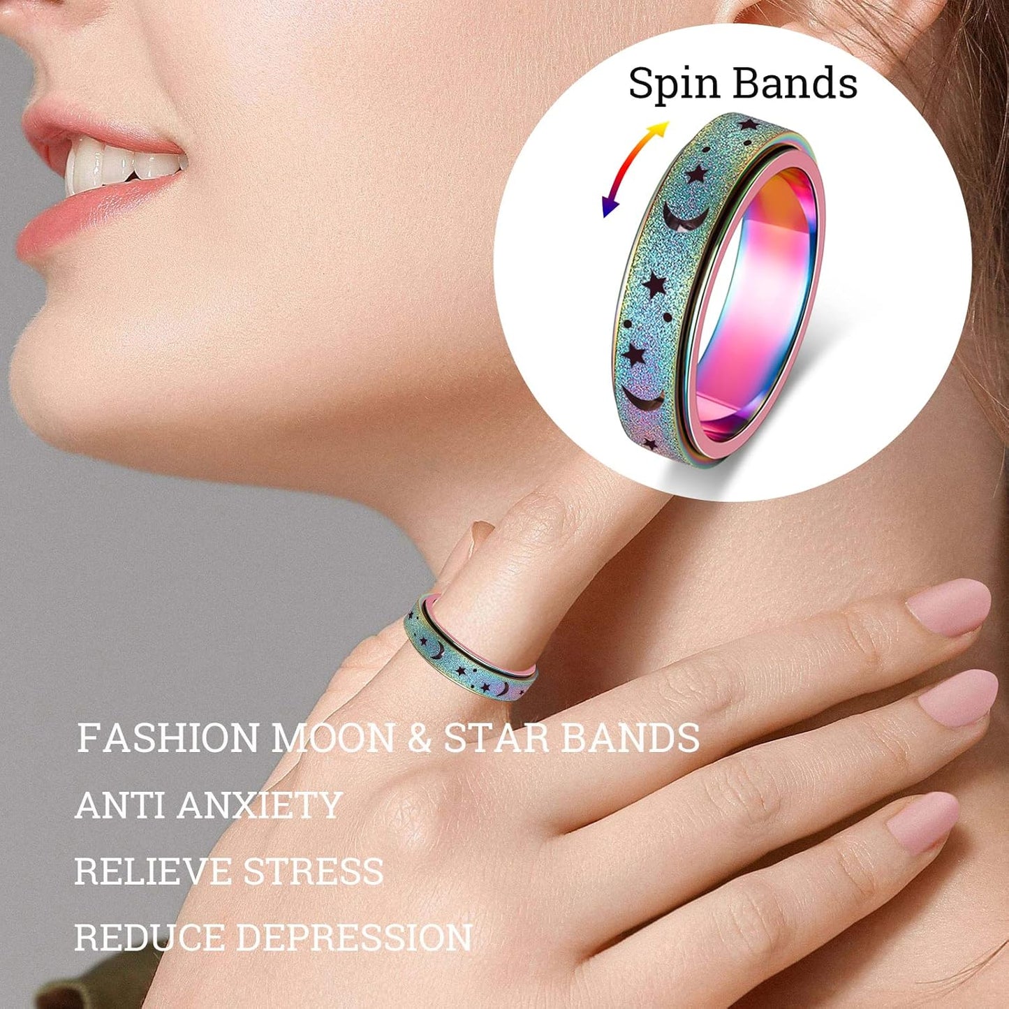 Anxiety Ring for Women Men, Titanium Stainless Steel Spinner Ring, 5 Colors, 6MM, Size 6-10, 3 Styles Anxiety Ring-Moon Star, Sandblasted Finished, Hollow Outer
