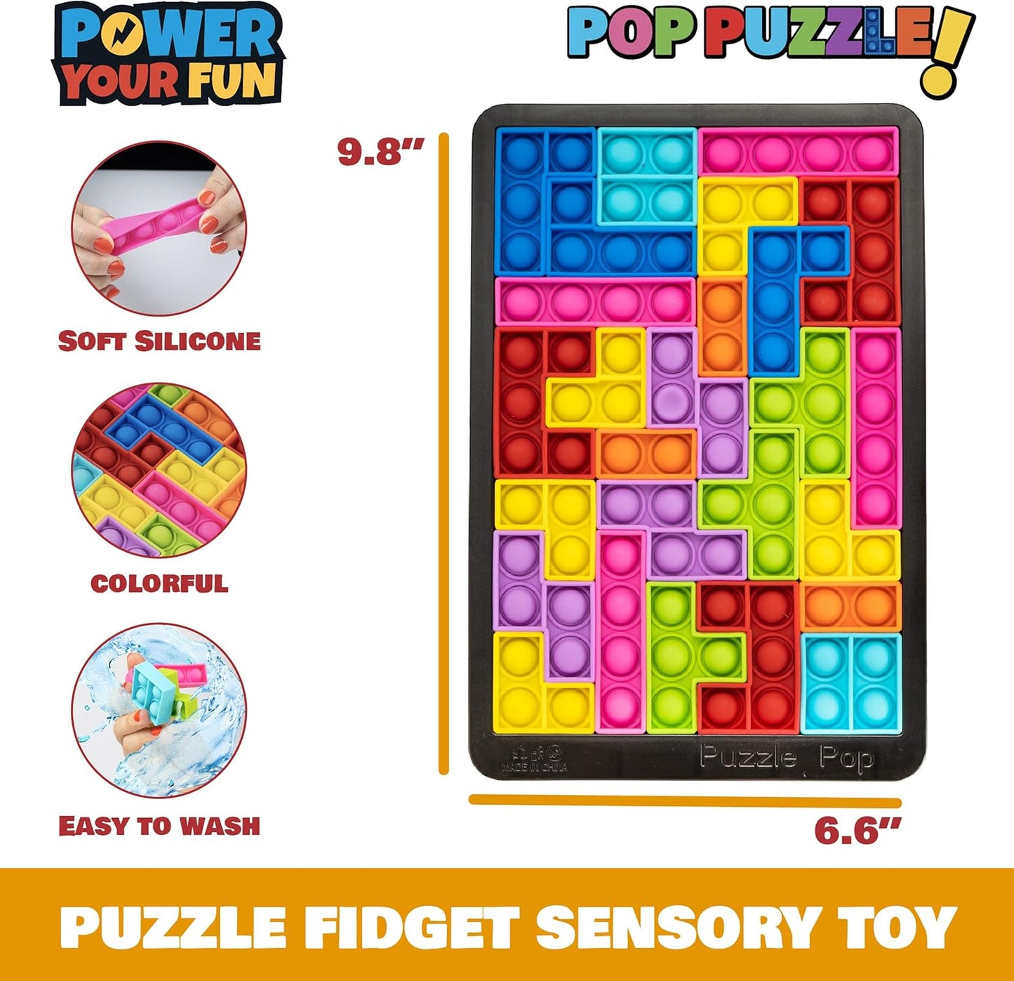 Power Your Fun Pop Puzzle Popper Fidget Game - 27pc Jigsaw Puzzle Game Pop Push It Bubble Sensory Fidget Toys for Learning, Stress Relief Silicone Pop Puzzle Game Board for Kids and Adults (Black)