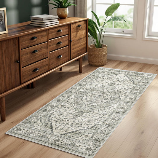2x4 Rugs Boho Small Washable Area Rugs for Entryway Bathroom Kitchen, Small Rugs Soft Low Pile Non-Slip Rubber Backing Oriental Door Mat(Border Cream