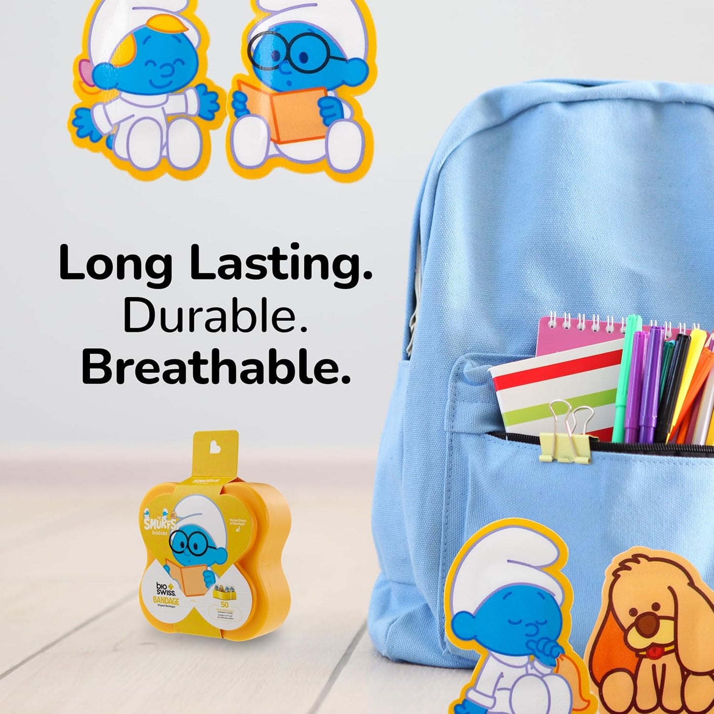 BioSwiss Bandages, The Smurfs Baby Smurf Shaped Self Adhesive Bandage, Latex Free Sterile Wound Care, Fun First Aid Kit Supplies for Kids and Adults, 50 Count Case