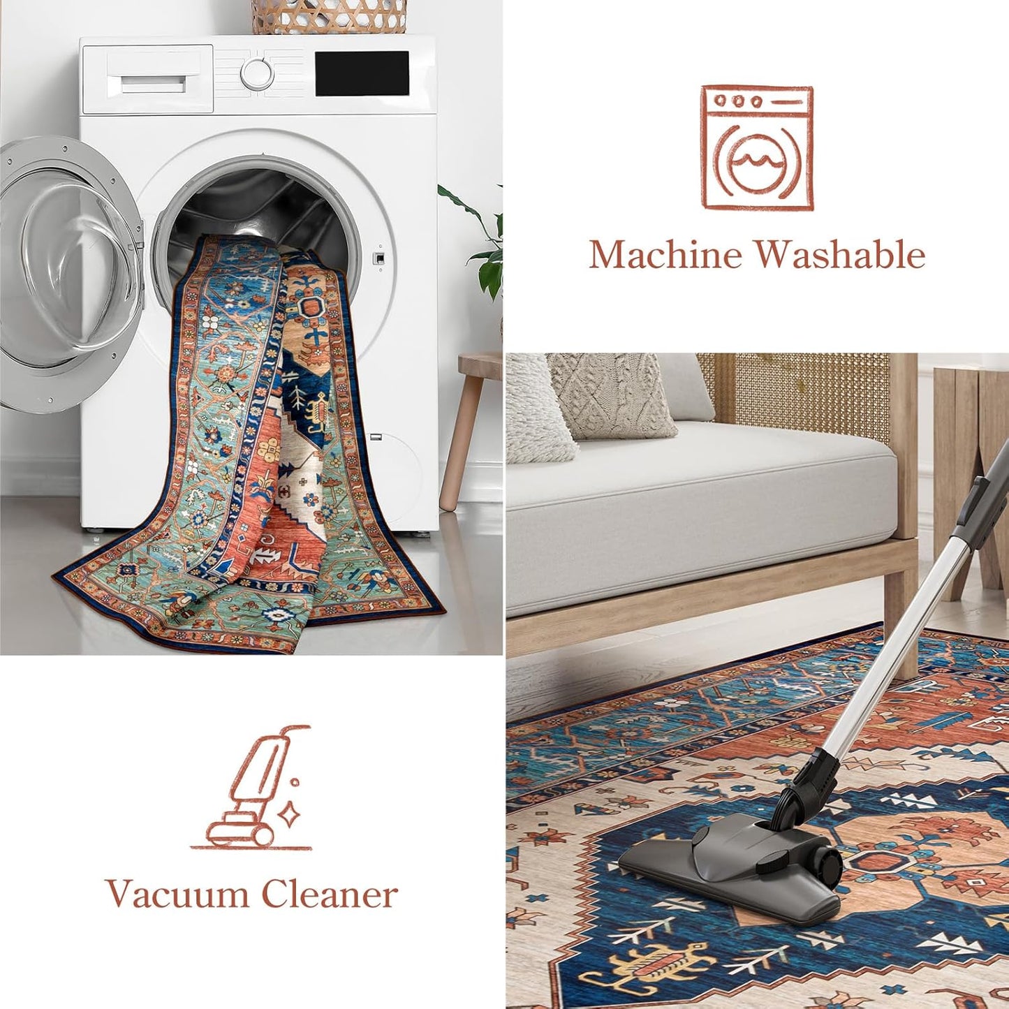 Lahome Area Rugs 9x12 Living Room - Boho Non-Slip Washable Rug Ultra-Thin Stain Resistant Large Carpet Throw Non Shedding Dining Room Mat, Oriental Print Carpet for Bedroom Guest Room (Rust, 9'x12')