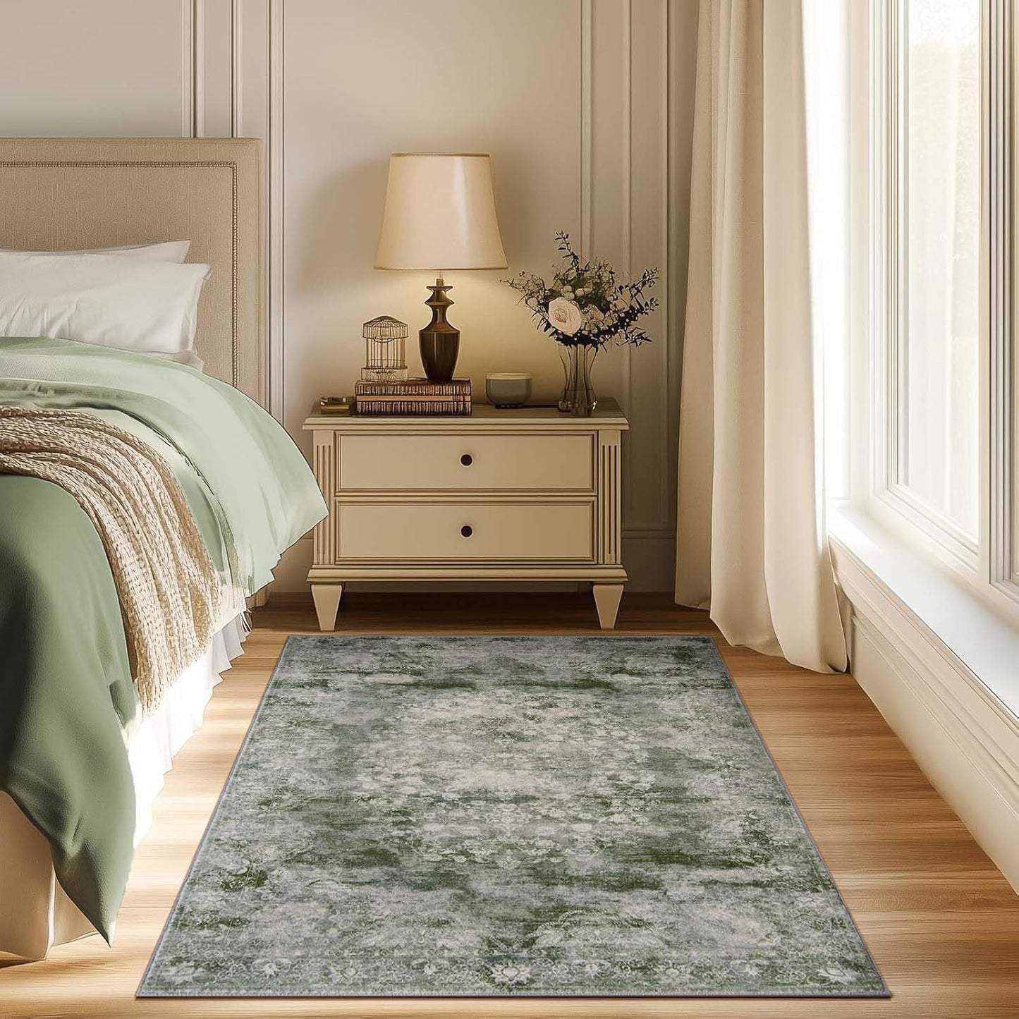 jinchan Green Floral 3x5 Area Rugs for Entryway - Machine Washable Vintage Distressed Design Low-Pile Soft Non-Shedding Carpet for Kitchen Bedside Laundry Living Room (3x5ft, Forest Green)