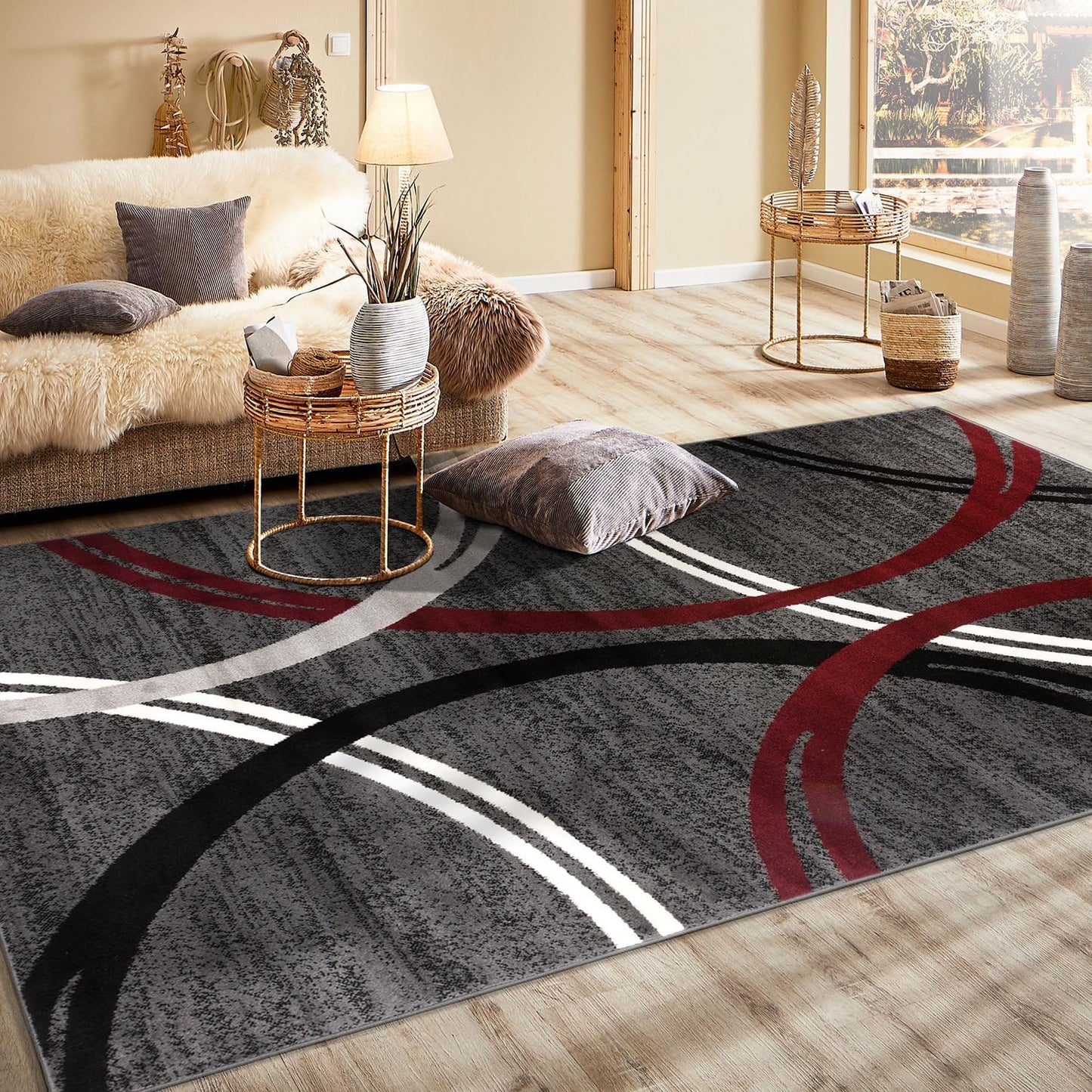 Rugshop Modern Wavy Circles Design Area Rug 5' 3" x 7' 3" Red