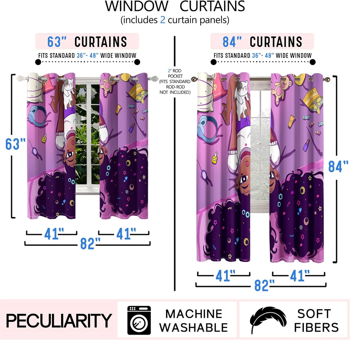 Black Girl Blackout Curtains 2 Panels 63" Inch Drapes for Kids Nursery Bedroom Purple Girls Blackout Curtains Cute Girls Themed Grommet Top Thermal Insulated Curtains for Nursery, 82" x 63"