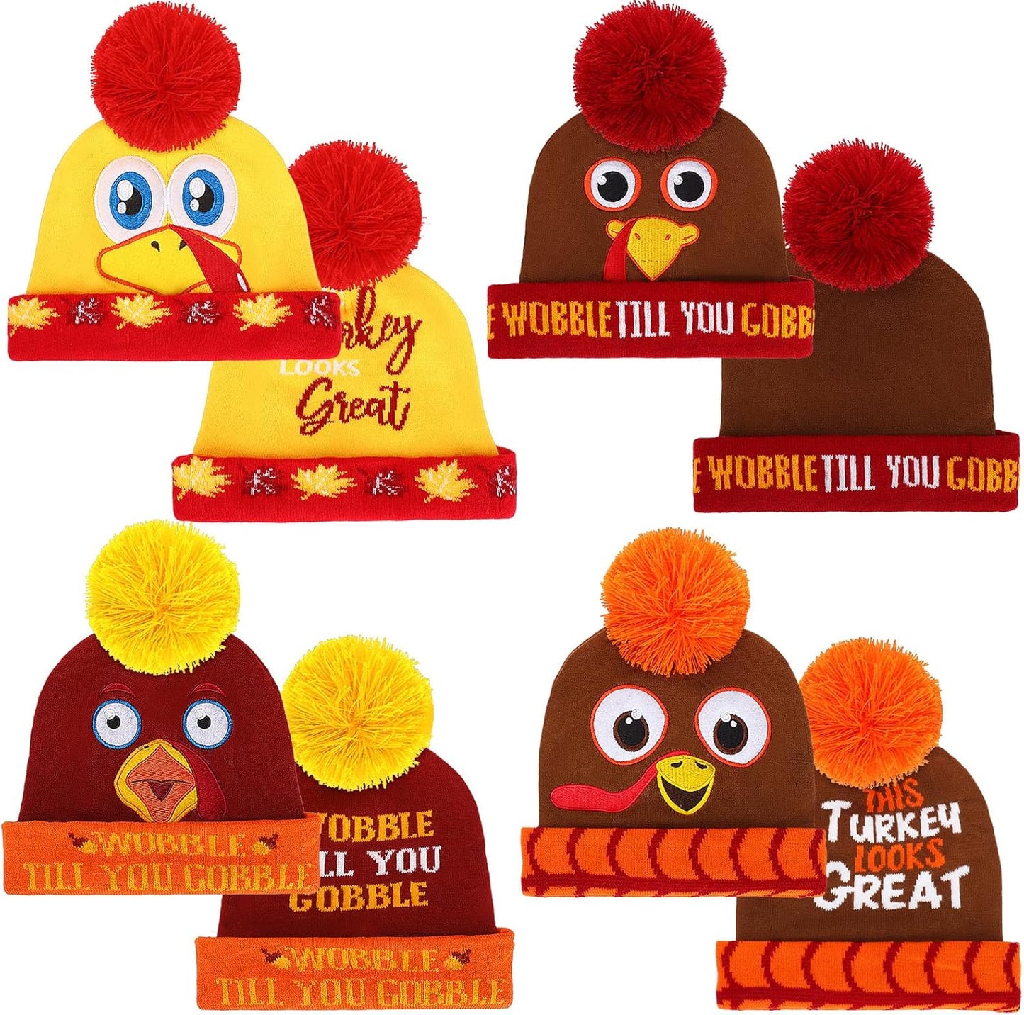 4 Pcs Turkey Pom Pom Beanie Hat Thanksgiving Funny Beanie Turkey Hat Turkey Knitted Cap for Kids Baby Adults Men Women Dress up Costume Running Winter Cosplay