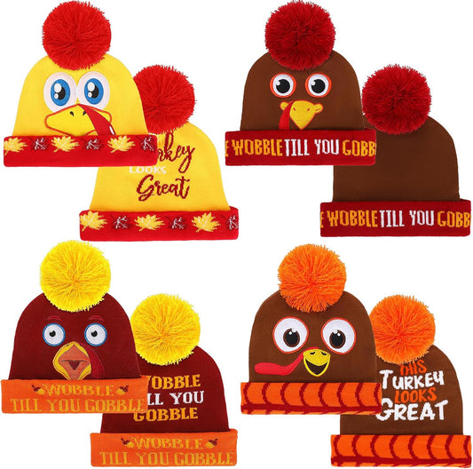 4 Pcs Turkey Pom Pom Beanie Hat Thanksgiving Funny Beanie Turkey Hat Turkey Knitted Cap for Kids Baby Adults Men Women Dress up Costume Running Winter Cosplay